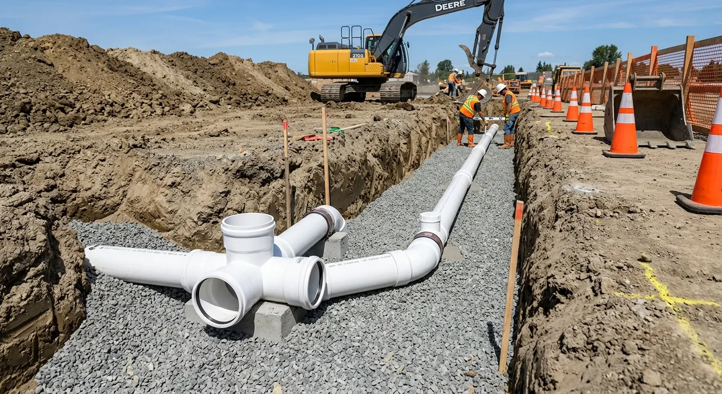 New PVC sewer pipe installation in open trench for Sewer Backup in St. Joseph
