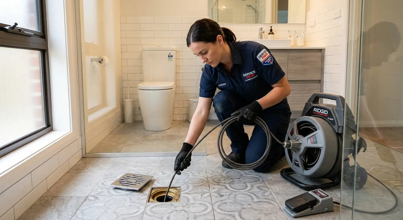 Technician clearing a bathroom floor drain for Sewer Line Installation in St. Joseph